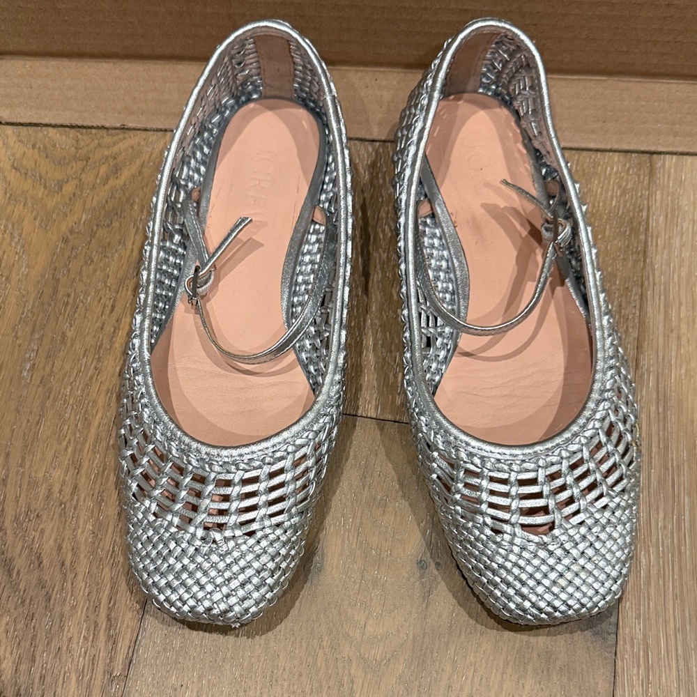 J. Crew Silver Woven Mary Jane Flats with Ankle Strap
